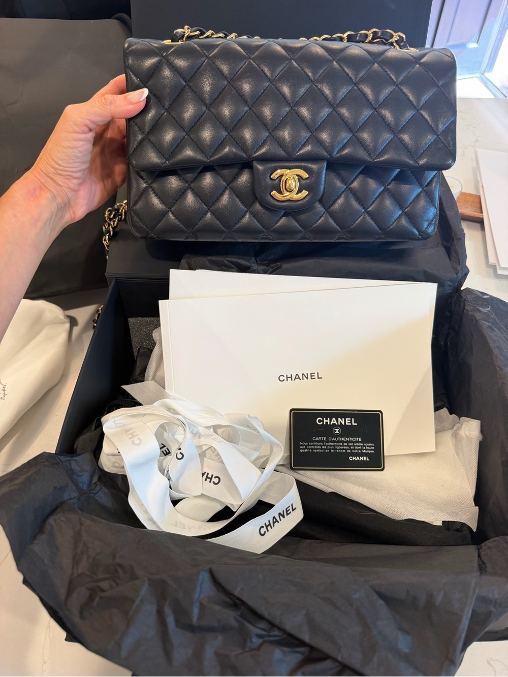AUTHENTIC CHANEL Black Quilted Lambskin Shoulder Bag with Gold-Tone Chain